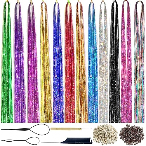 Kit de oropel para el cabello de 12 colores, 48 pulgadas, 2600 hebras de oropel con herramientas, resistente al calor, extensiones de cabello de