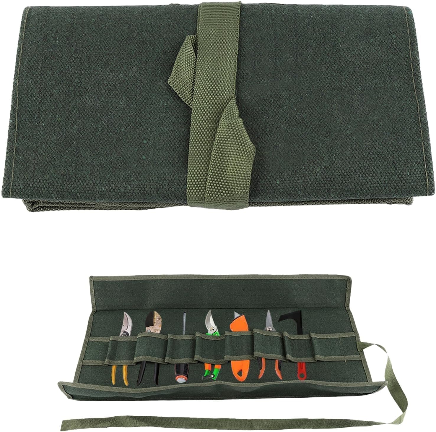 Heavy-duty canvas roll-up pouch with 10 pockets for garden tools