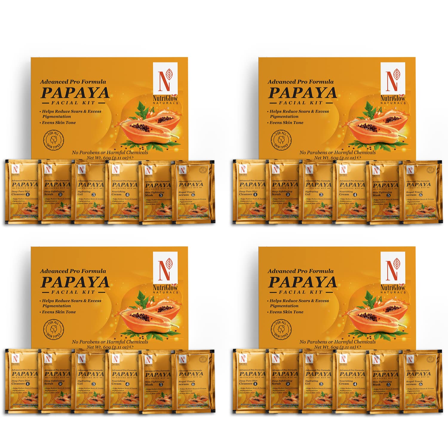 NutriGlow NATURAL'S Advanced Pro Papaya Facial Kit For Toned Up Skin Eliminates Scarring Blemishes & Dark Spot Free Skin, 10gmx6 Each, Pack of 4