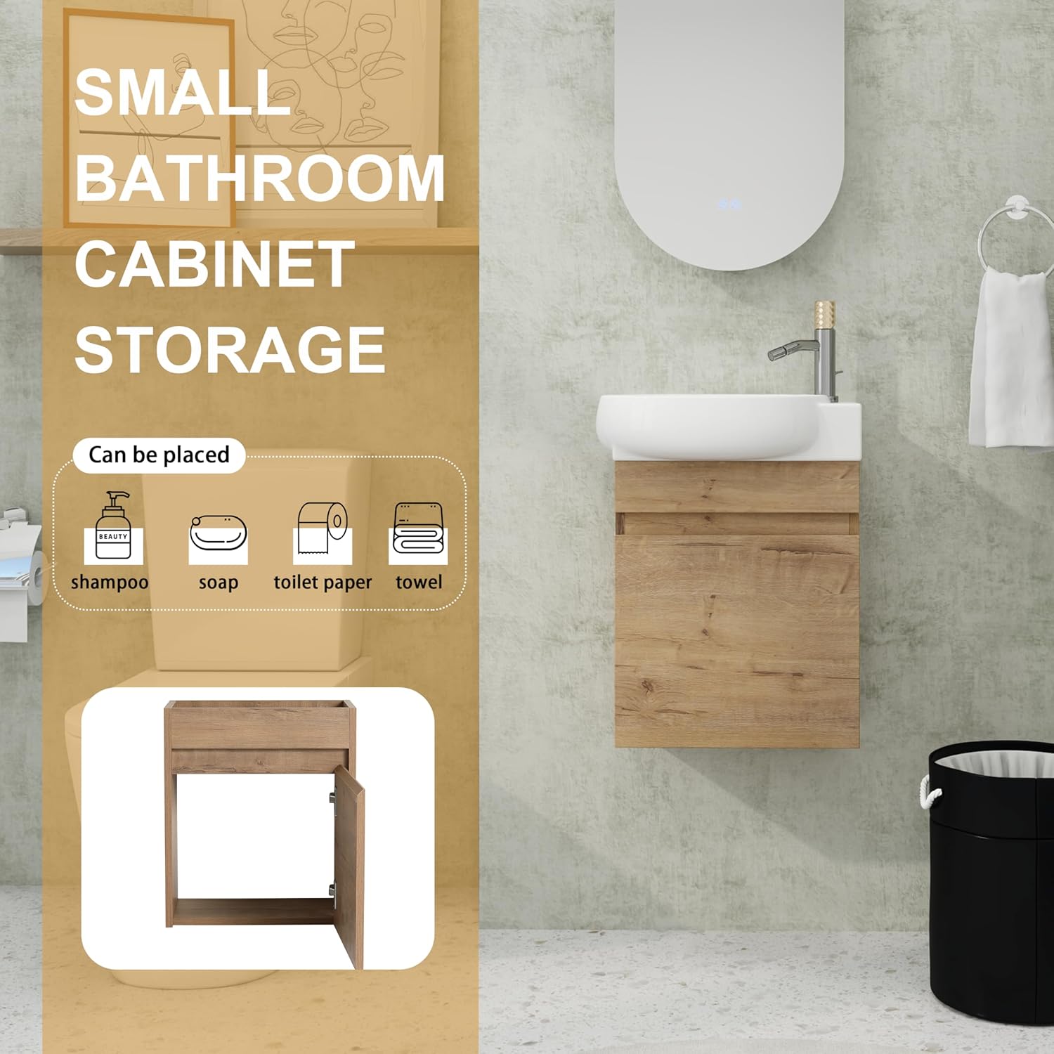 16" Wall Mounted Bathroom Vanity with Sink, Modern Floating Cabinet with Ceramic Basin&Soft Close Door, Bathroom Vanity Storage Cabinet Set for Small Bathroom