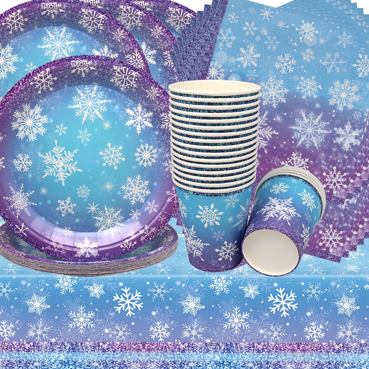 SANYUANHE Stoviglie per feste compleanno frozen,61 Pezzi Decorazioni festa tema Fiocco di Neve,per Weihnachten Snowflake Party,per 20 persone Piatti Tazze Tovaglioli Stoviglie