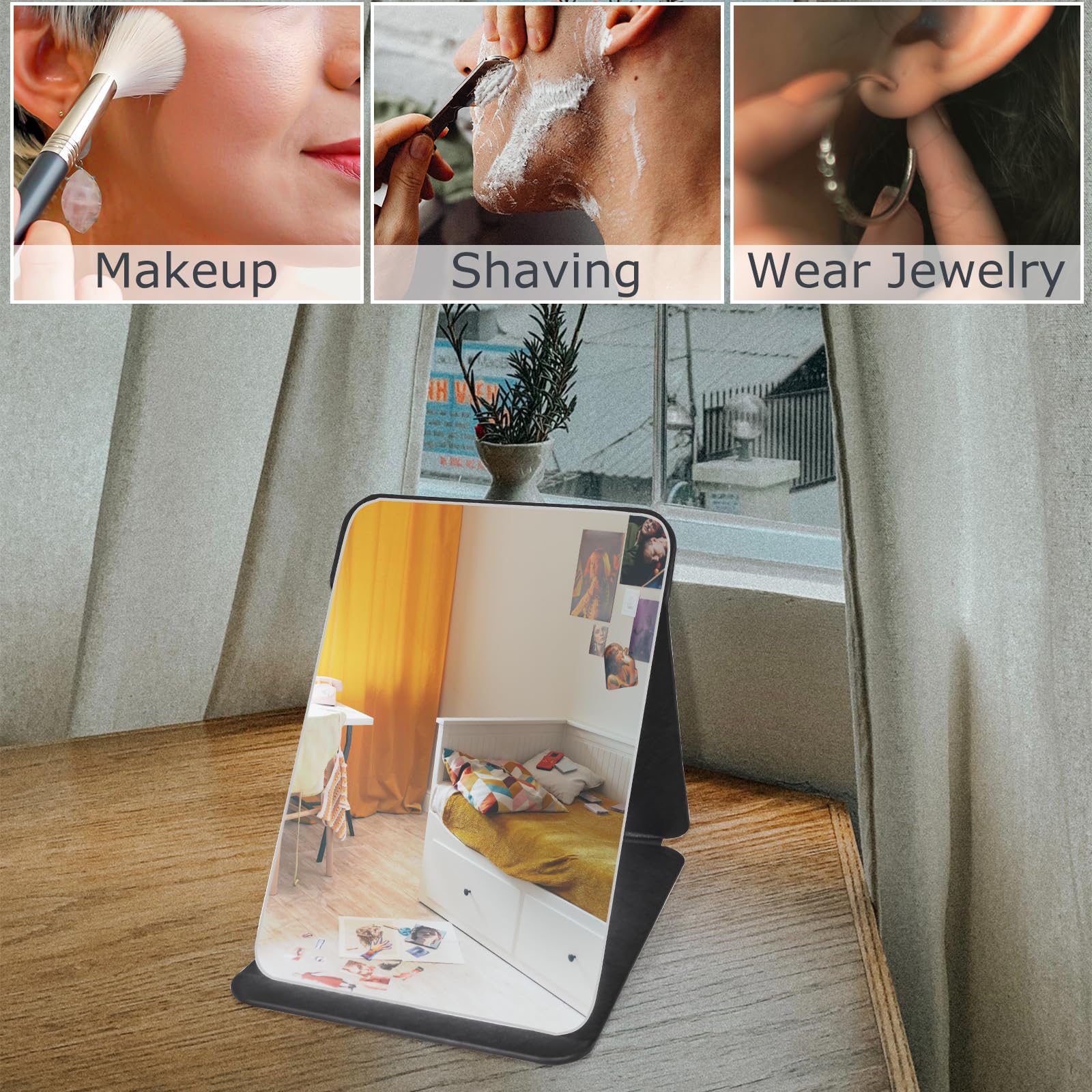 Make-up-Spiegel, 15,2 x 20,3 cm, tragbarer PU-Lederspiegel, faltbarer Schreibtischspiegel mit verstellbarem Ständer für Schminktisch, Büro, Reisen (M, Schwarz)