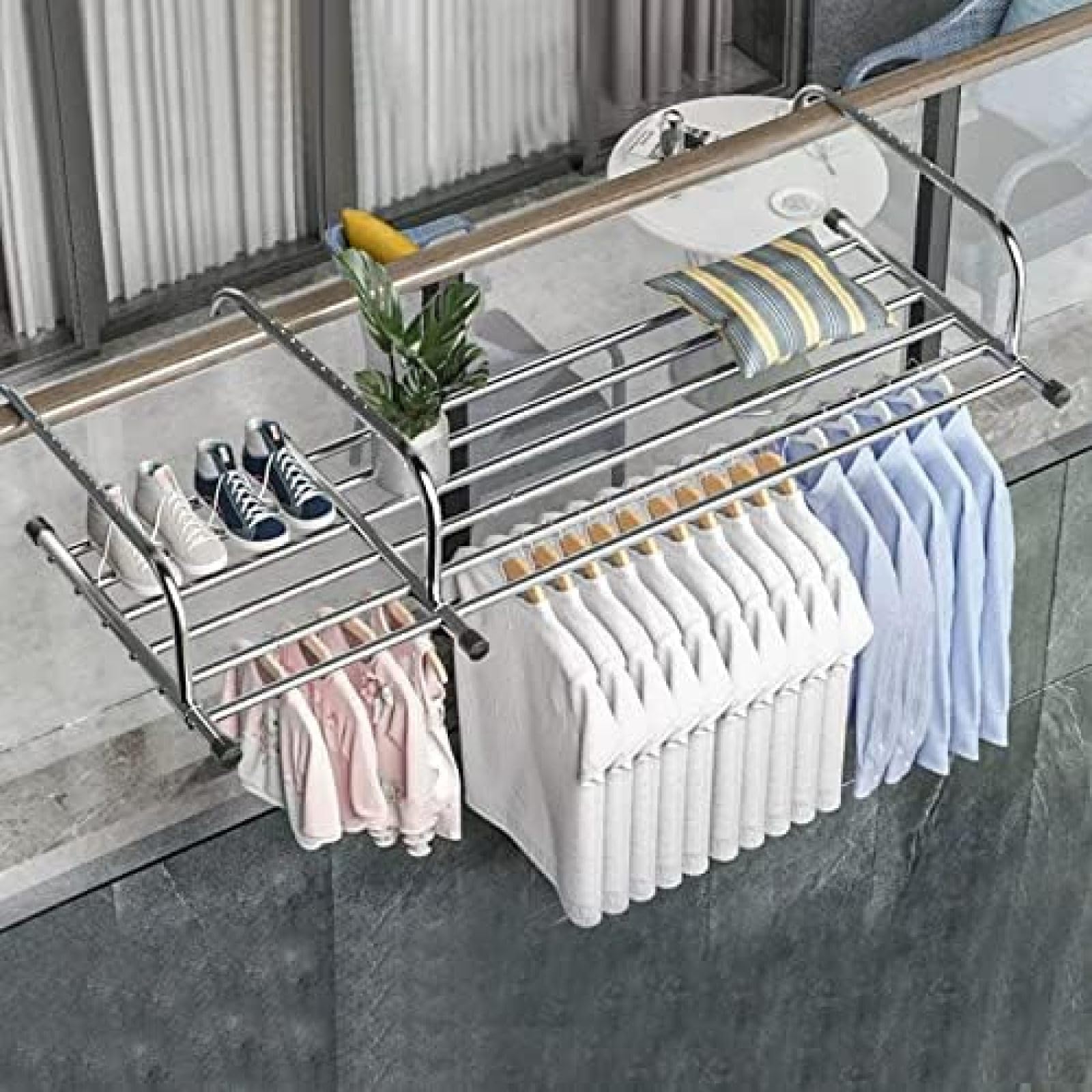 Suszarka Balkonowa Stojak Na Buty, Wysuwana Suszarka Do Ubrań, Wielofunkcyjny Grzejnik Balkonowy Suszarka Składana Suszarka Ze Stali Nierdzewnej, Do Wieszania Ubrań Ręczniki Bielizna Buty Skarpety