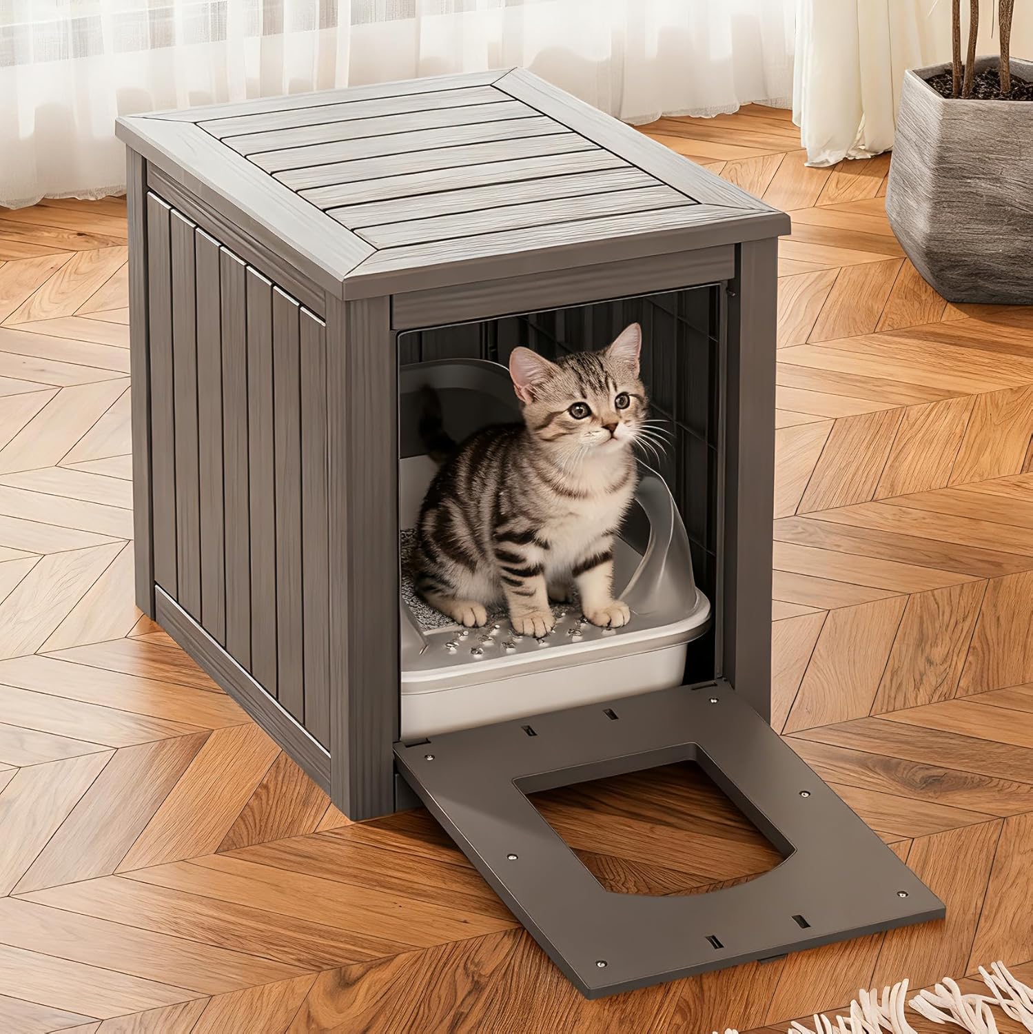 Cat Litter Box Enclosure, Feral Outdoor Cat Enclosure Weatherproof for Winter Outside, Litter Box Furniture Fit Litter Box, Sturdy Resin Shelter for Living Room, Easy to Assemble, Grey