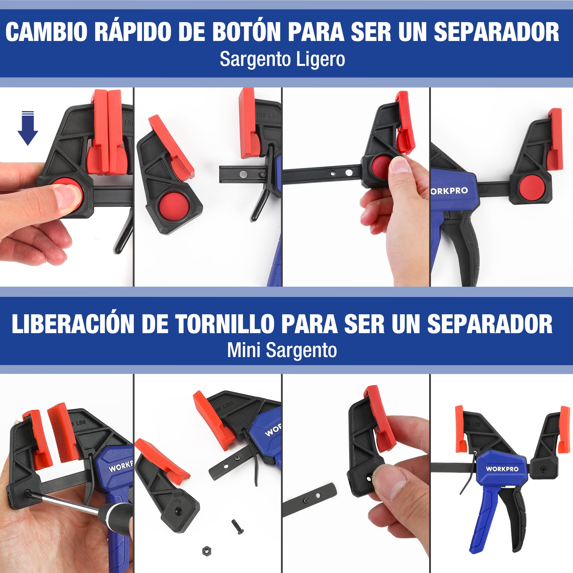 WORKPRO - Juego de 6 abrazaderas de una mano, 150 mm, fuerza de sujeción, 22,5 kg/68 kg, envergadura 150 mm, 4 convencionales y 2 mini bridas para una fijación precisa y carpintería | Incluye 4 Sargentos Estándar y 2 Mini con Fuerza de Sujeción de 22,5kg