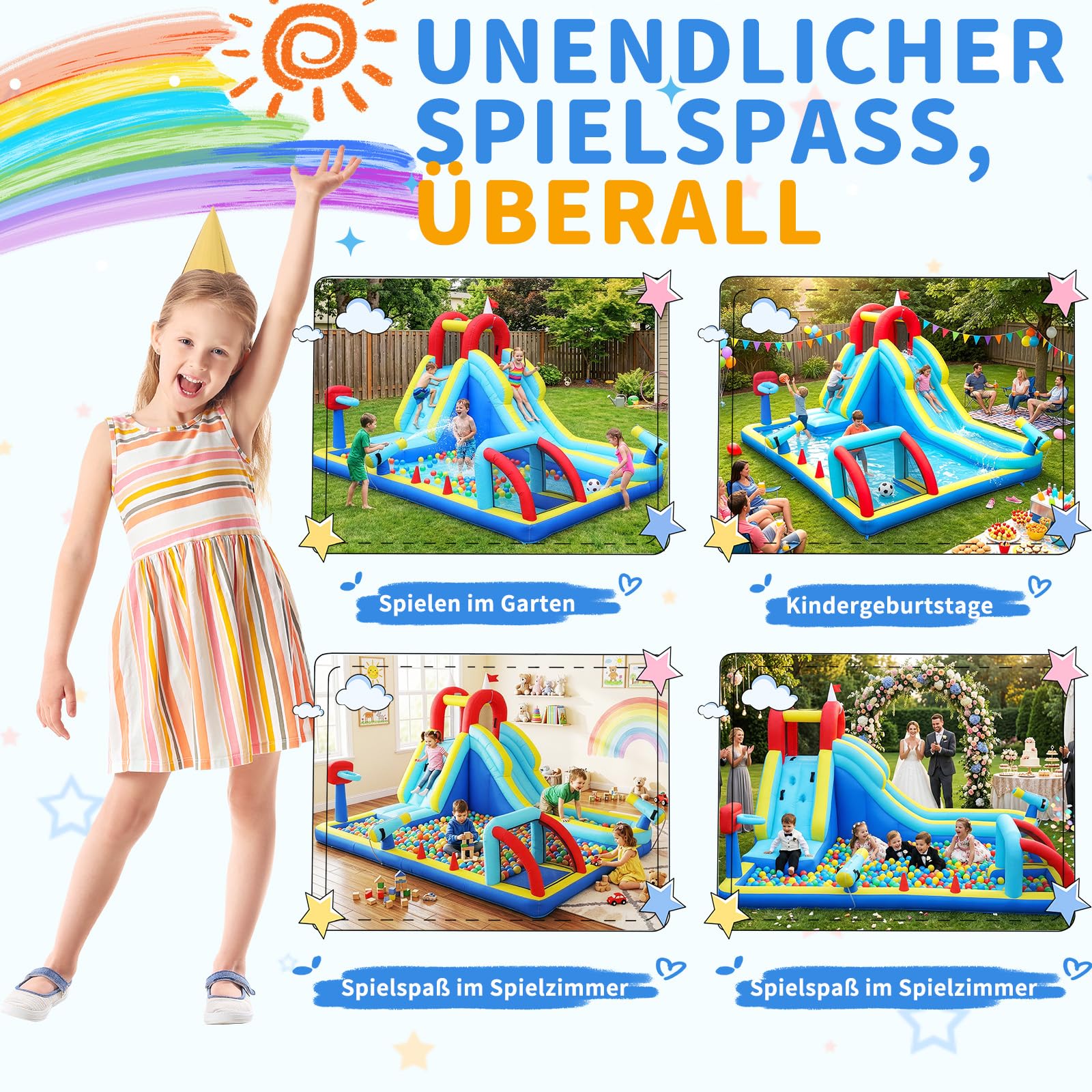 LEADZM Hüpfburg mit Sportmotiven, Gebläse, Fußballtoren, Basketballkörben, Langer Rutsche und Wasserspielbereich, 400 x 305 x 225 cm