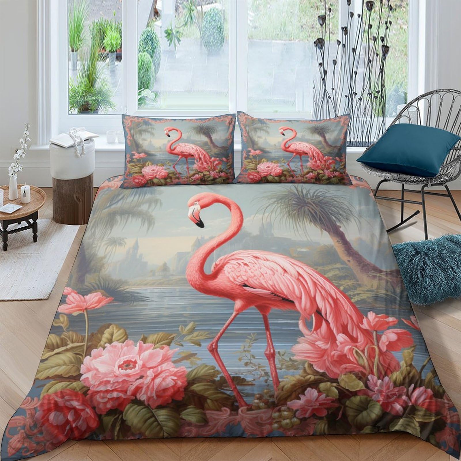 3 Pieces Flamingo Bedding Set with Zipper Closure 3D Animal Flower Printed Duvet Cover with Pillowcases Quilt Cover Soft Microfiber Comforter Cover for Kids Adults,King（220x240cm）