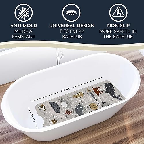 Miniatura 2 de Homerella - Alfombrilla de baño antideslizante y antideslizante para niños, sin BPA, incluye ganchos - Homerella Ocean Sea Animals 40x16, tapete de