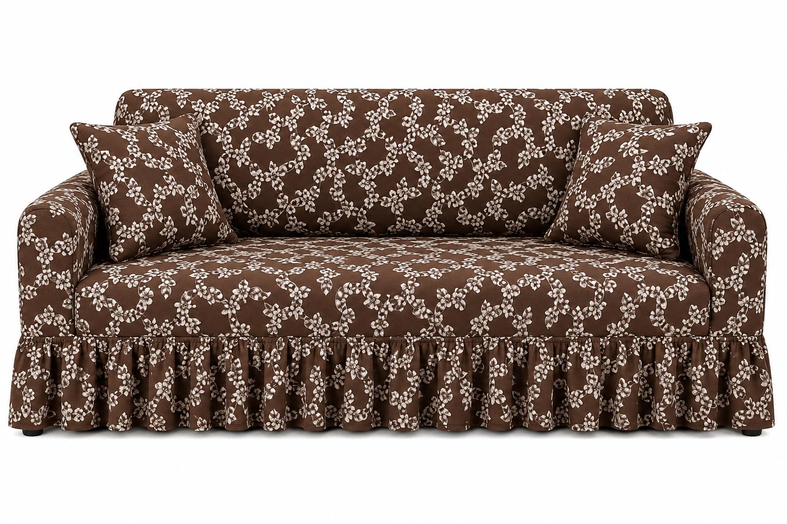 Premium Brown Floral Printed 3 Seater Sofa Cover | Stretchable Washable Slipcover | Elastic Furniture Protector | Soft Anti-Dust Living Room Couch Cover | Includes 2 Matching Cushion Covers-image-13
