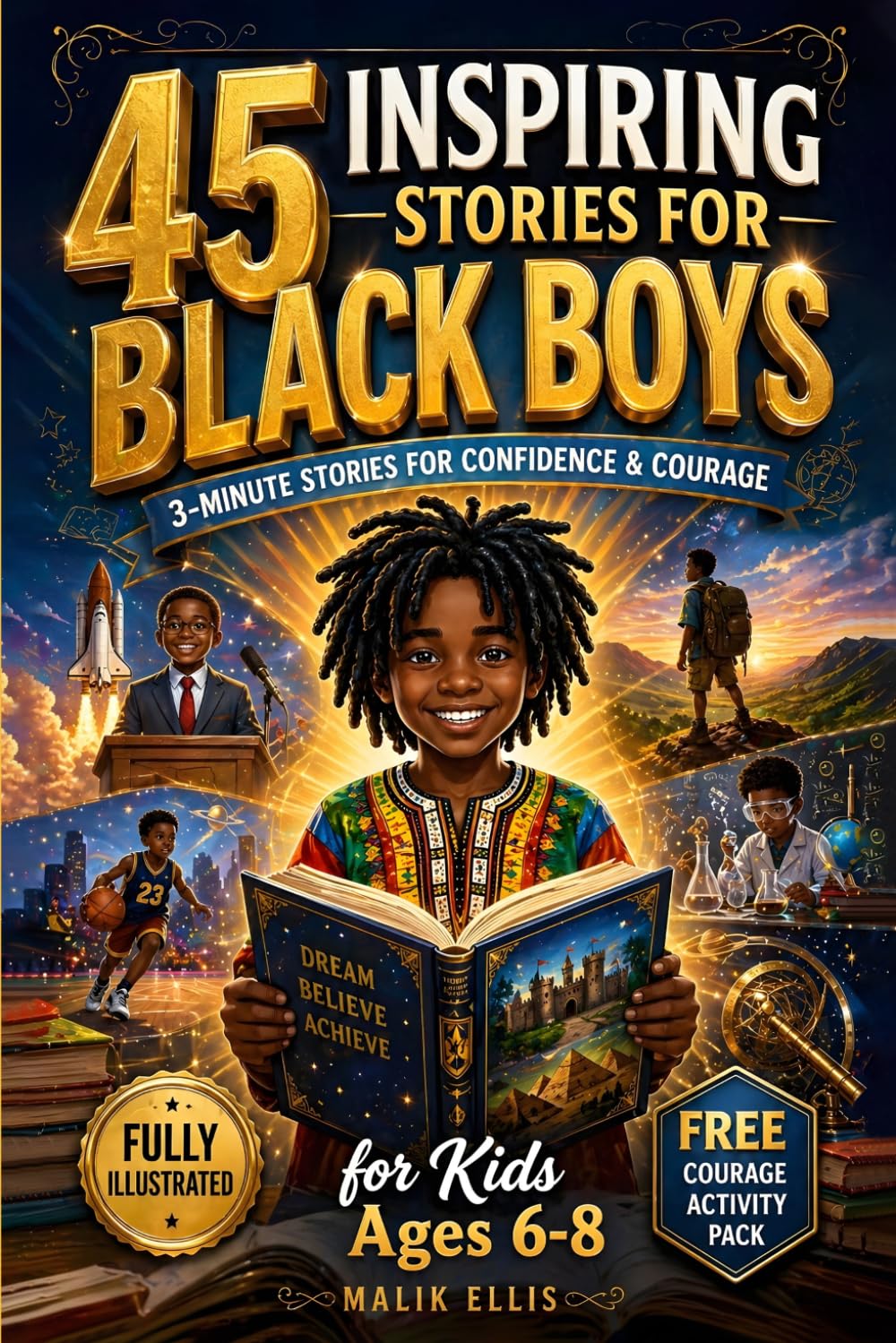 45 Inspiring Stories for Black Boys: 3-Minute Bedtime Stories to Build Confidence, Courage, and Growth Mindset: Fully Illustrated with Reflection Questions for Kids Ages 6–8 (Confidence & Calm)
