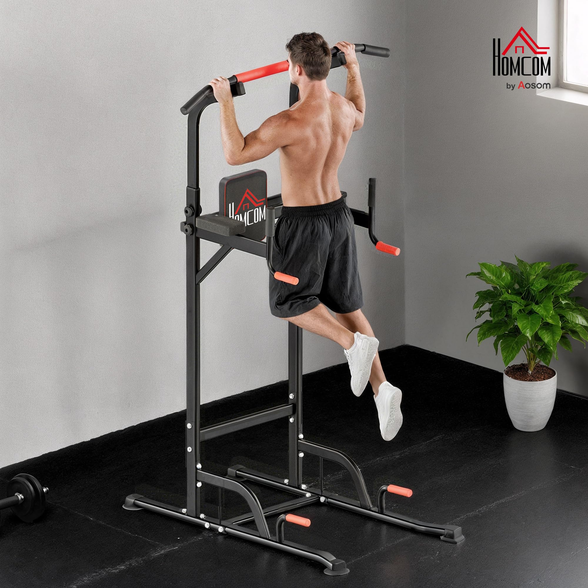 HOMCOM Barra per Trazioni Power Tower Stazione Fitness Multifunzione Regolabile 189-239cm in Acciaio Nero Rosso