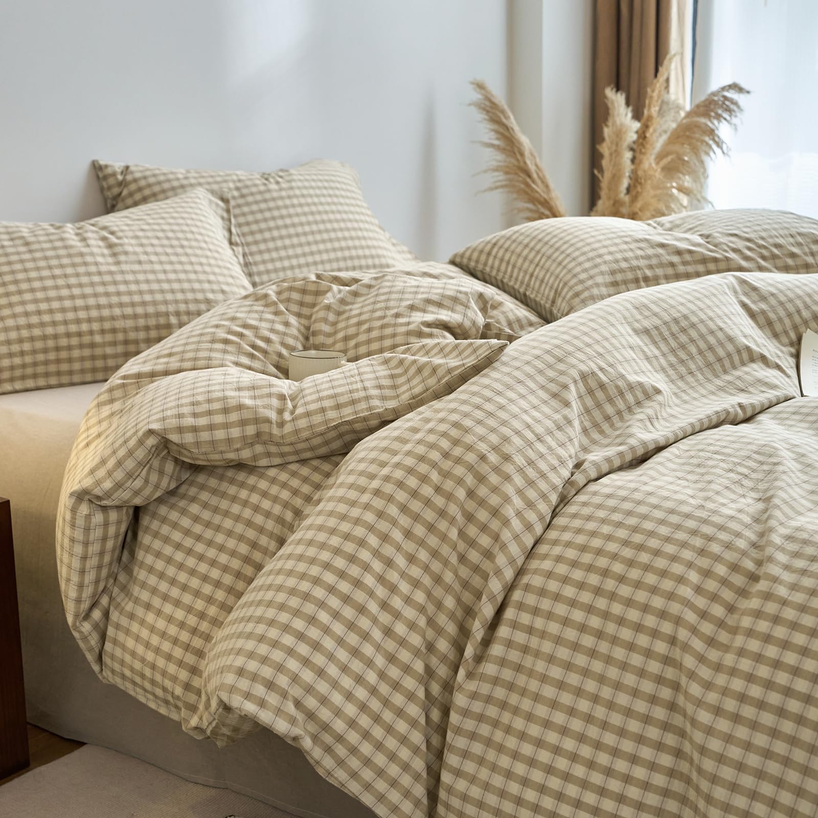 Gingham Duvet Cover Set Washed Cotton,Queen(90"x90"),Khaki/Mocha Plaid