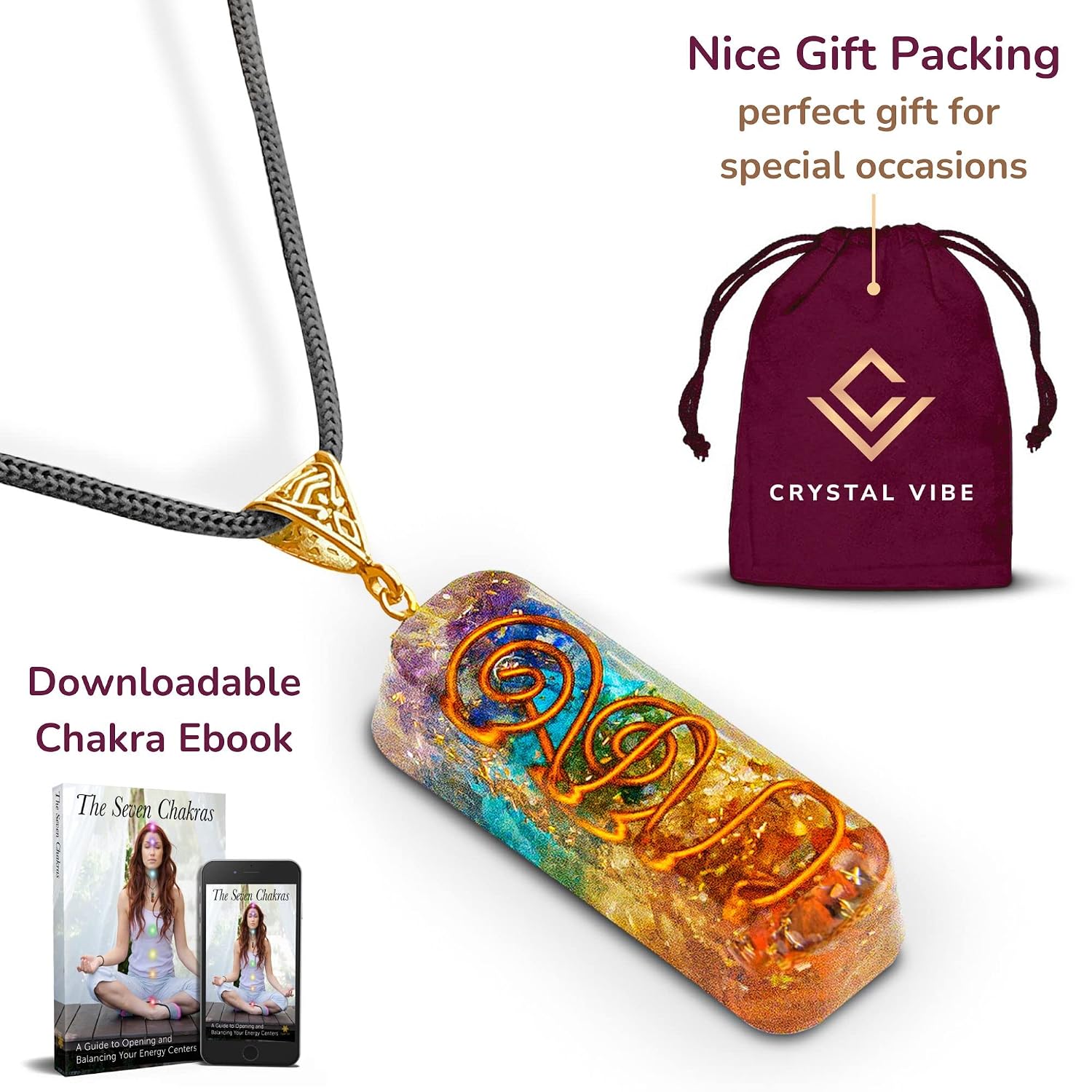 Orgone Chakra Necklace With Adjustable Cord - 7 Chakra Stone Healing pendant for Spiritual Healing