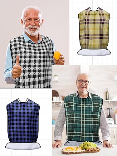 Miniatura 5 de Janmercy 10 baberos para adultos para comer, lavable, impermeable, protector de ropa con atrapa migas, baberos grandes reutilizables ajustables para