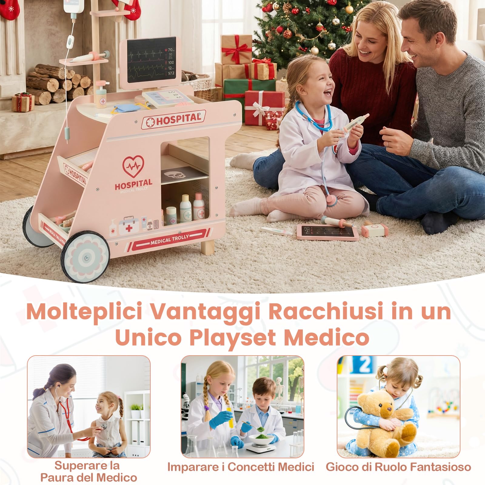 COSTWAY Kit Medico Giocattolo, Centro Medico per Bambini in Legno con Carrello, Macchina TC, Stetoscopio e Accessori Completi, Set Dottoressa Gioco Educativo, Regalo per Bambini 3+ Anni