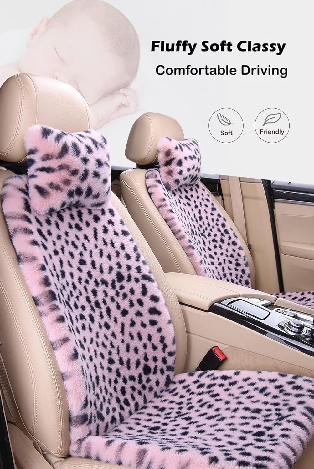 Fluffy Leopard Seat Covers for Cars Front Seat Covers Carseat Front Two Seat Protectors with 2 Neck Pillows for Truck SUV Auto-Pink Leopard-Front 6 PCS - Image 5