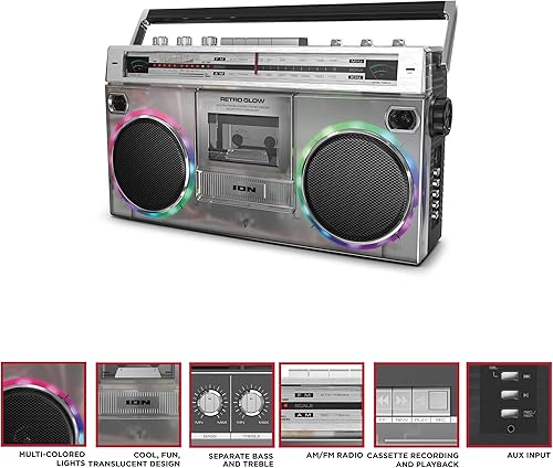 Miniatura 3 de ION Audio Retro Glow Boombox - Casete de radio AMFM estéreo de lujo con graves de rango completo (renovado)