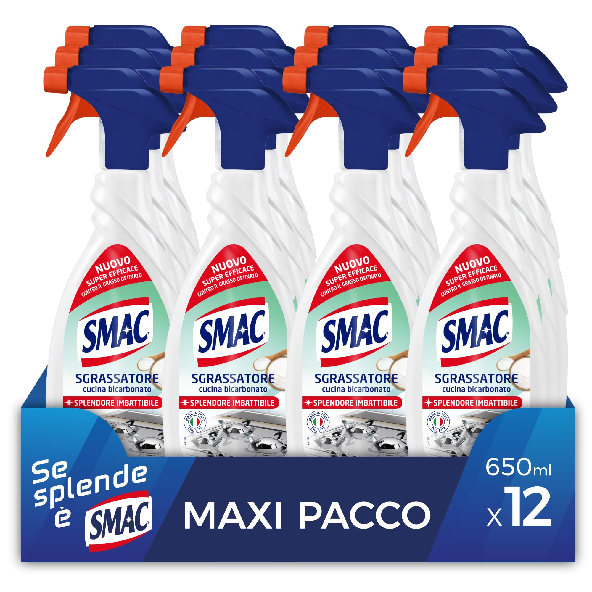Smac Sgrassatore Cucina al Bicarbonato, Detergente Spray Multisuperficie con Azione Sgrassante, Splendore Imbattibile, 650 ml x 12 Pezzi