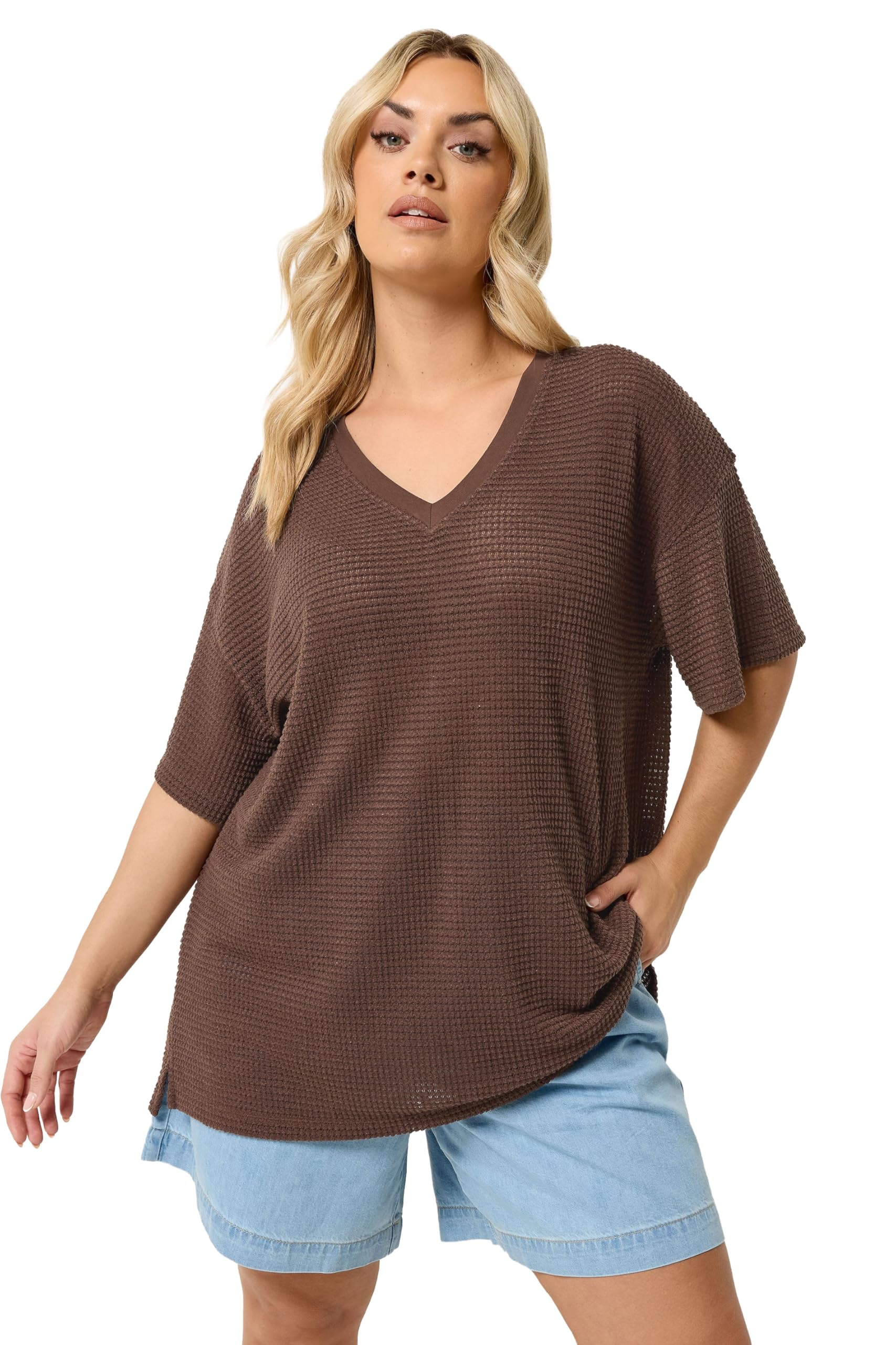 Yours Curve Brown Boxy Knitted T-Shirt - Women's - Plus Size Curve