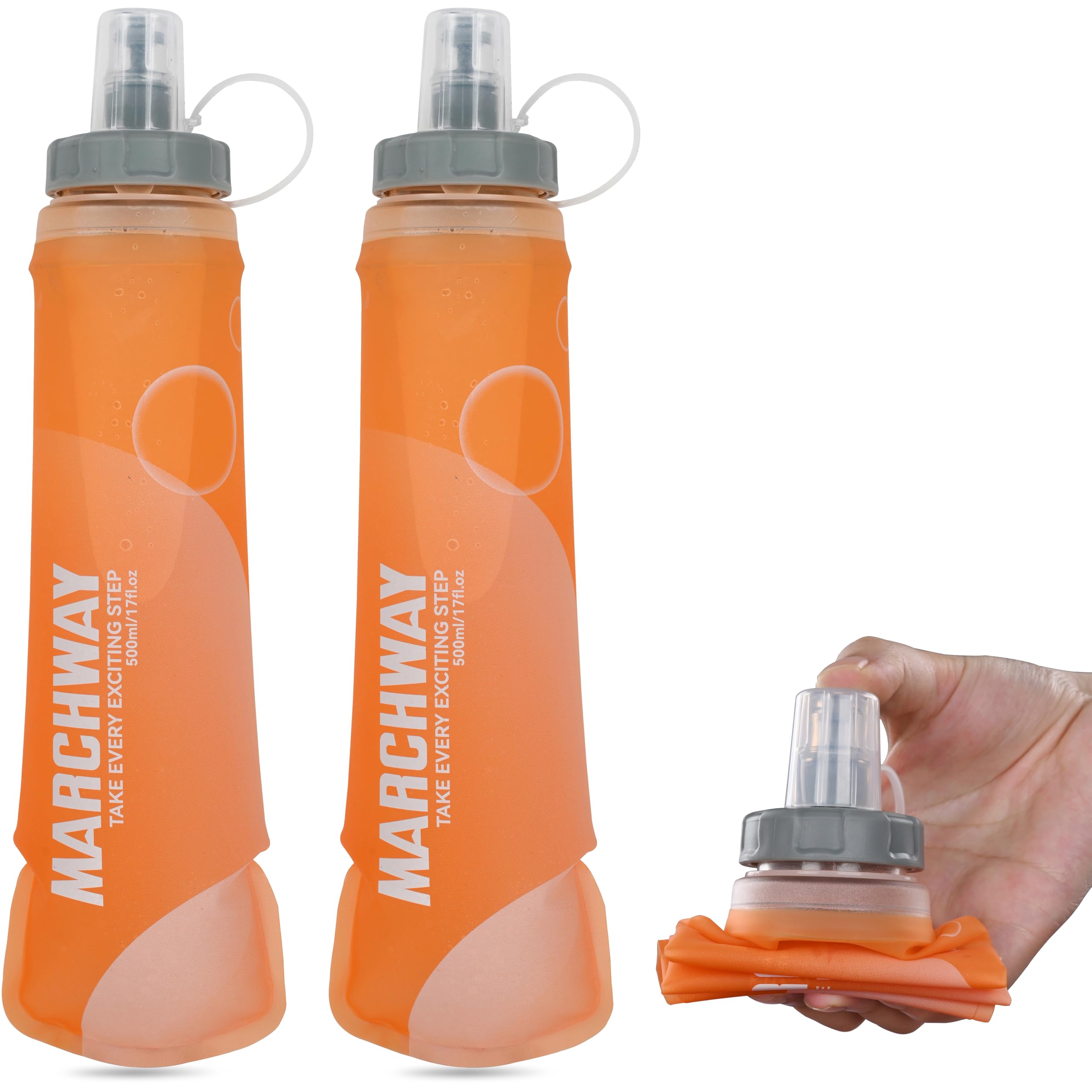 MARCHWAY Soft Hydration Flask with Wide Mouth, 300ml/500ml Collapsible TPU Water Bottle, Leakproof Portable Flexible for Running, Hiking, Cycling, Climbing, Gym, Travel (2pcs Orange 500ml)