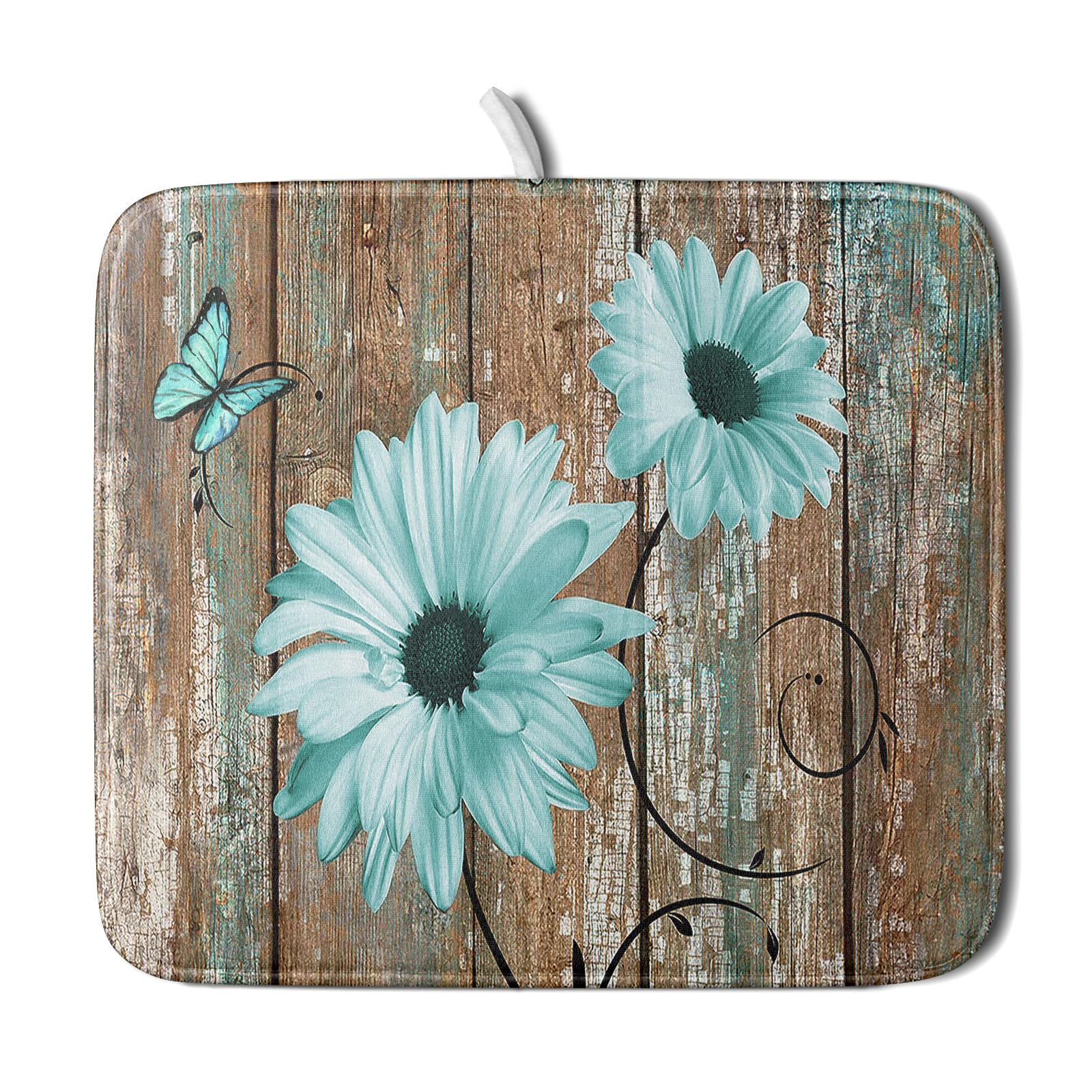 Giwawa Rustic Daisy Dish Drying Mat for Kitchen Countertop 16x18 inch Fall Teal Sunflowers on Wooden Board Dish Drainer Mats Fast Drying Country