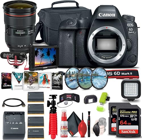 Canon Cámara DSLR EOS 6D Mark II (solo cuerpo) (1897C002) + monitor 4K + lente Canon EF de 0.945-2.756 in + micrófono Pro + auriculares + 2 tarjetas