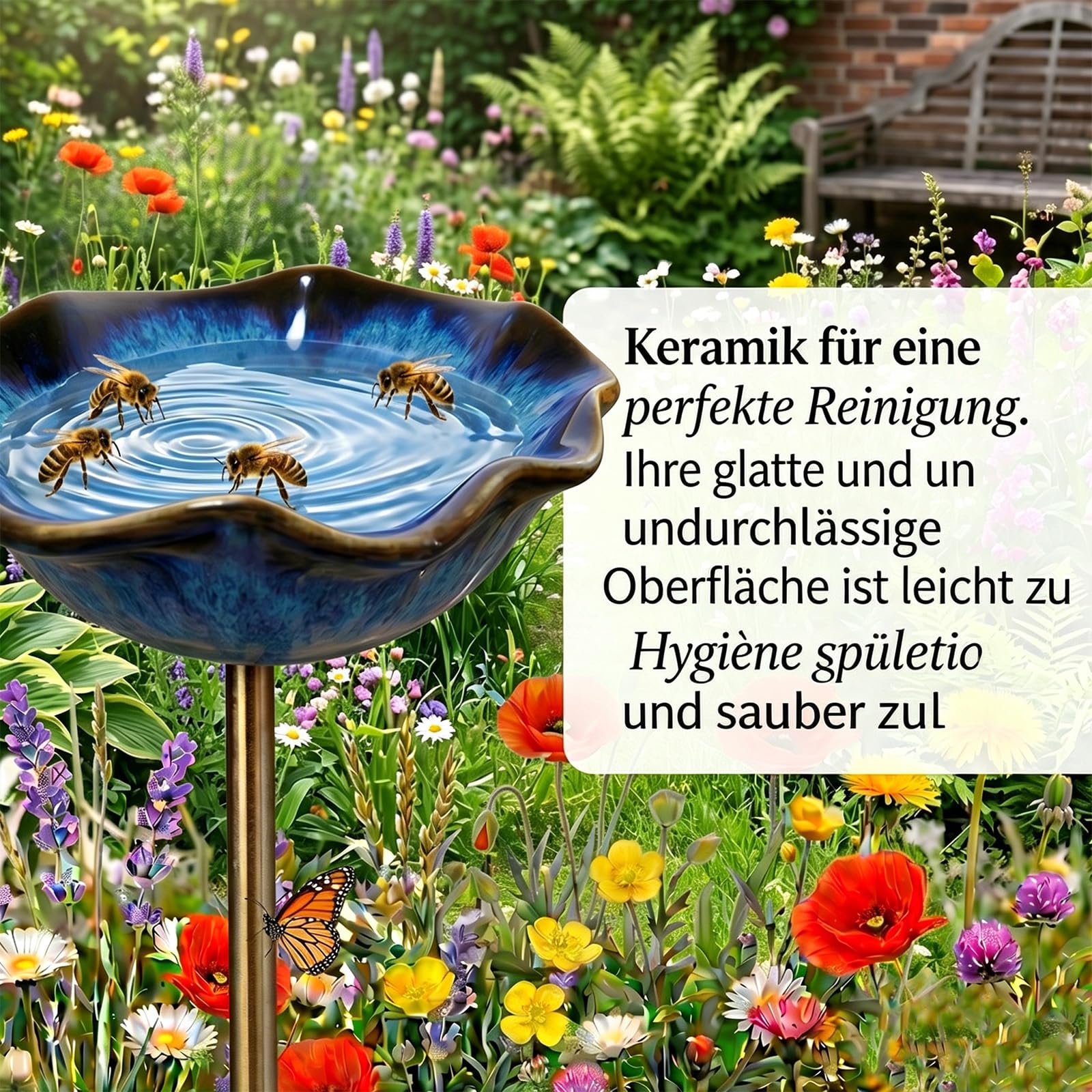 Bienentränke Keramik Blume & Vogeltränke Stehend - Gartendeko für Draußen Wetterfest, Insektentränke Garten für Wildvögel, Bienen & Schmetterlinge (Sechsteiliges Set)