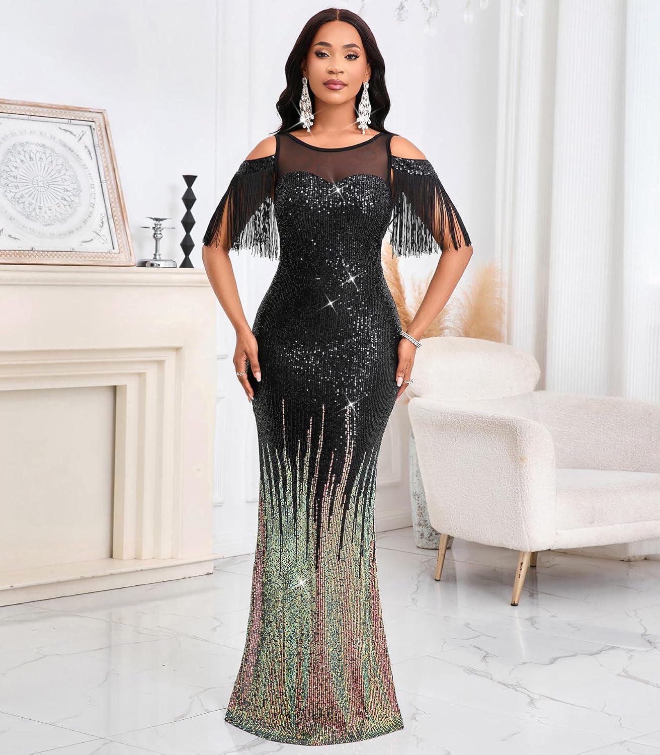 Women Cold Shoulder Sequin Evening Gown, Tassel Sleeve Gradient Formal Maxi Dress for Prom, Wedding - Image 5