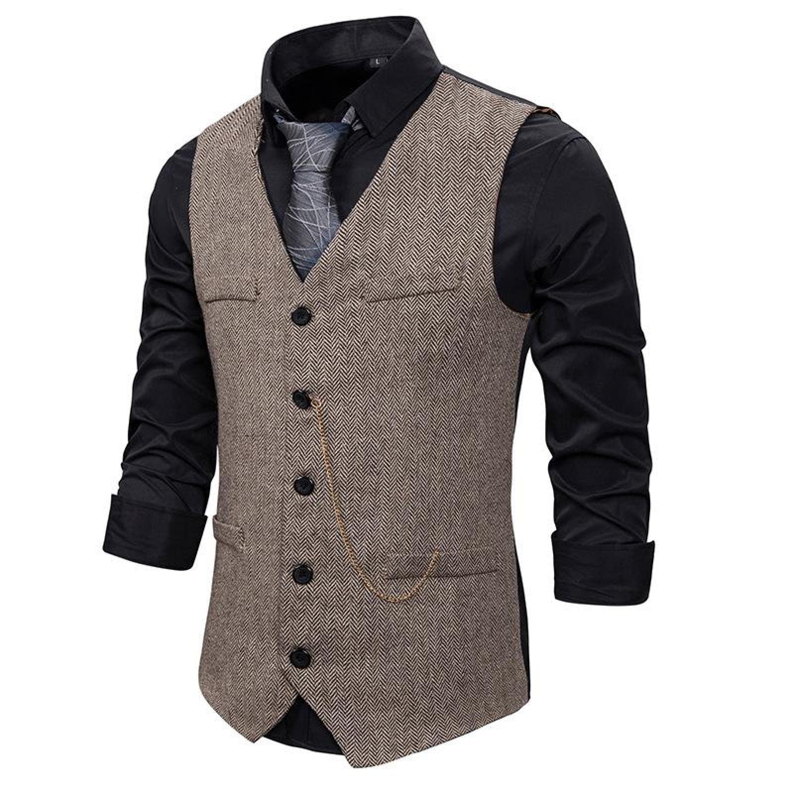 Herren Anzugweste - Männer Business Weste Fischgrät V-Ausschnitt Anzug Weste Vintage Mode Single Breasted Sleeveless Formale Party Kleidung