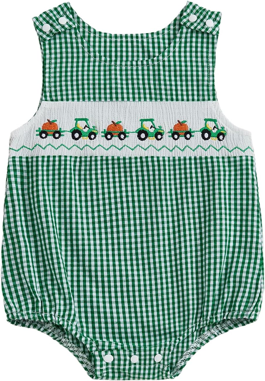 Newborn Baby Boy Halloween Outfit Pumpkin Truck/Tractor Embroidered Smocked Bubble Romper Sleeveless Plaid Bodysuit