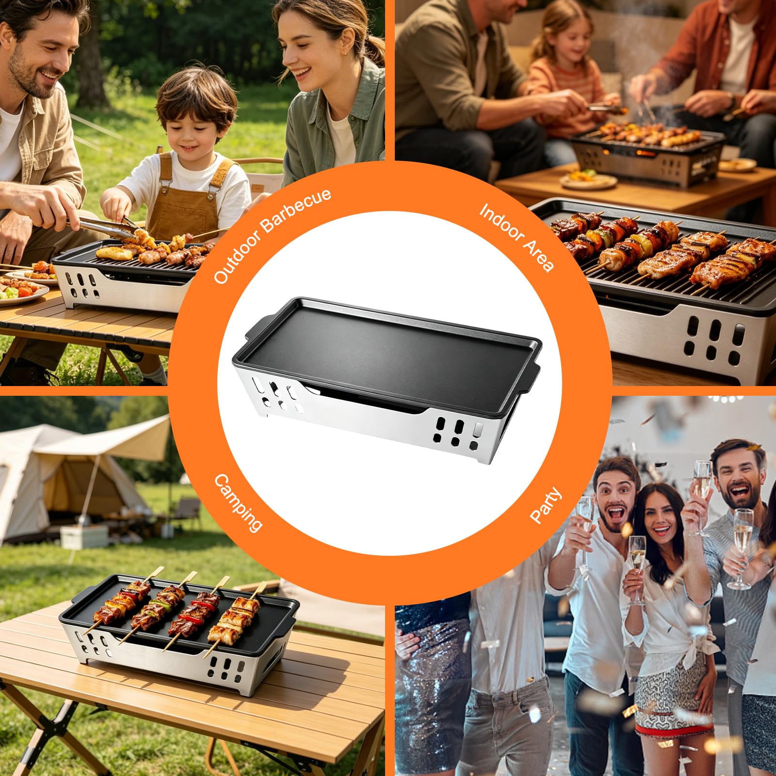 Piastra calda per barbecue, contenitore per alimenti e grigliate, piastra in alluminio antiaderente con tre portacandele in acciaio inox, accessorio per barbecue, per giardino, campeggio e barbecue