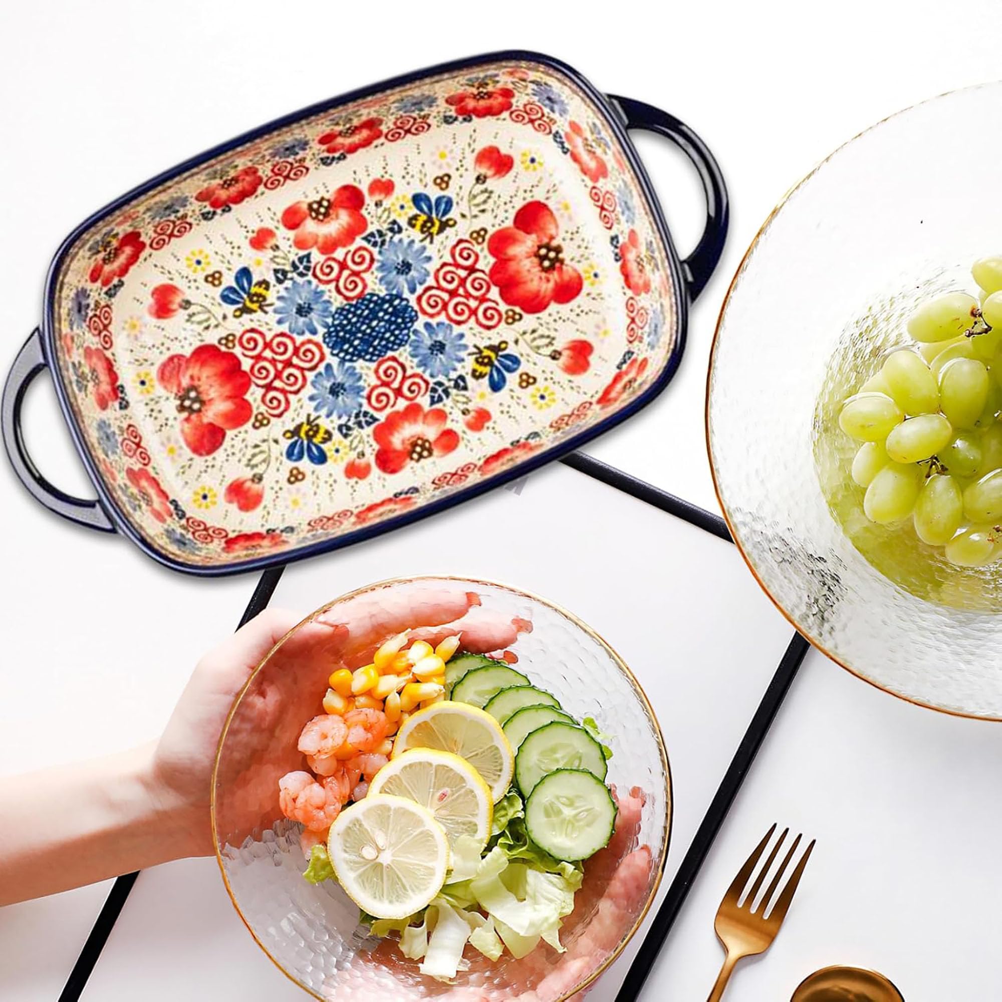 Fuente de cerámica, Bandeja Horno Cazuela De Cerámica, Tazón/Plato Hornear Porcelana Con Asas Para Lasaña, Tiramisú, Tiramisú, Pudín, para Horno, Microondas,baking tray-2pcs