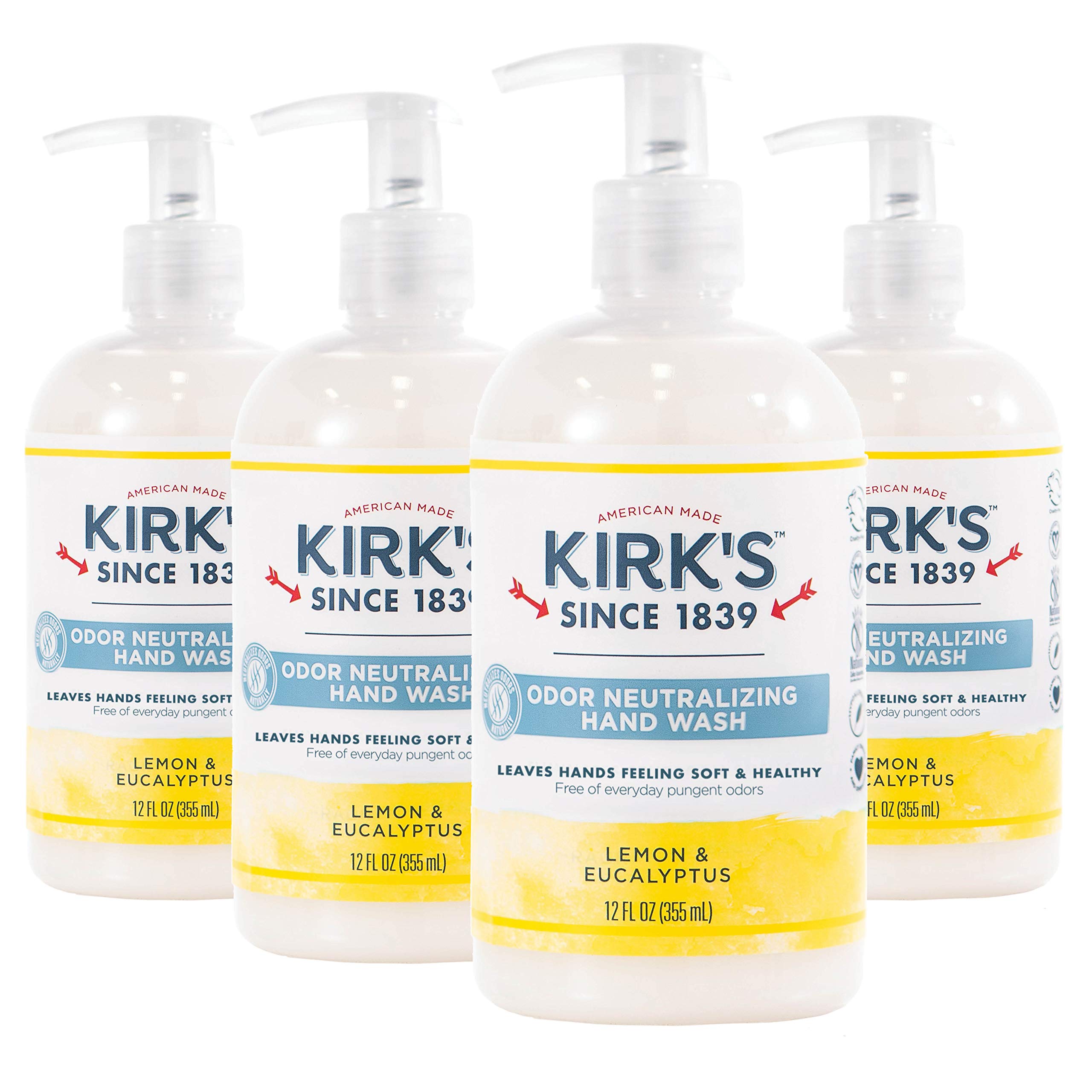 Kirk's Hydrating Hand Wash - Made with Coconut Oil and Aloe Vera, With Odor Neutralizing Technology To Help Eliminate Odors, Non-GMO, Vegan, Lemon & Eucalyptus, 12 Fl Oz. 4 pack