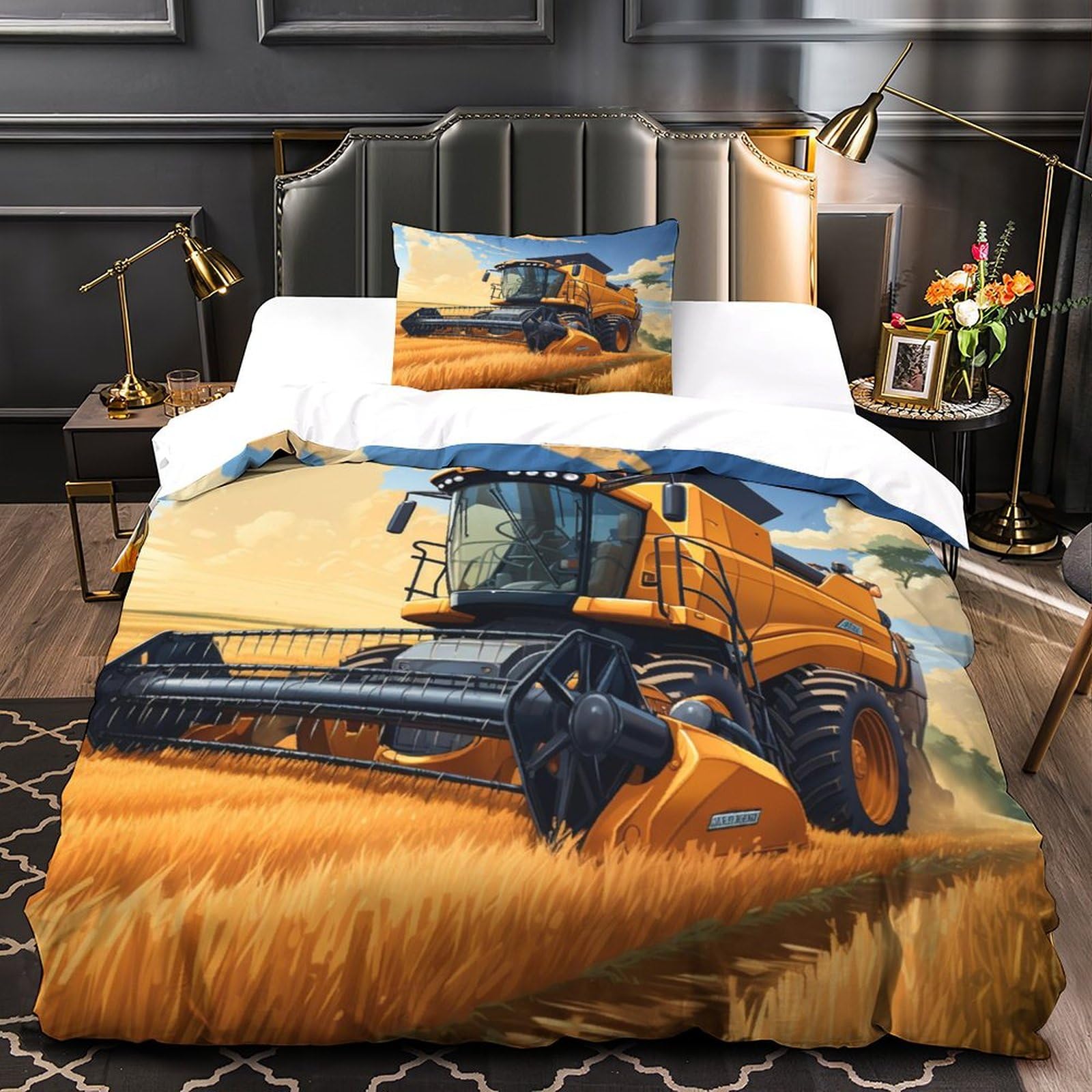 Housse De Couette Moissonneuses Batteuses 140x200cm Parure De Lit 1 Personnes Tracteur Et Moissonneuse Batteuse Microfibre Set Housse De Couette Avec Fermeture Éclai Avec 1 Taies D'oreiller 65x65cm