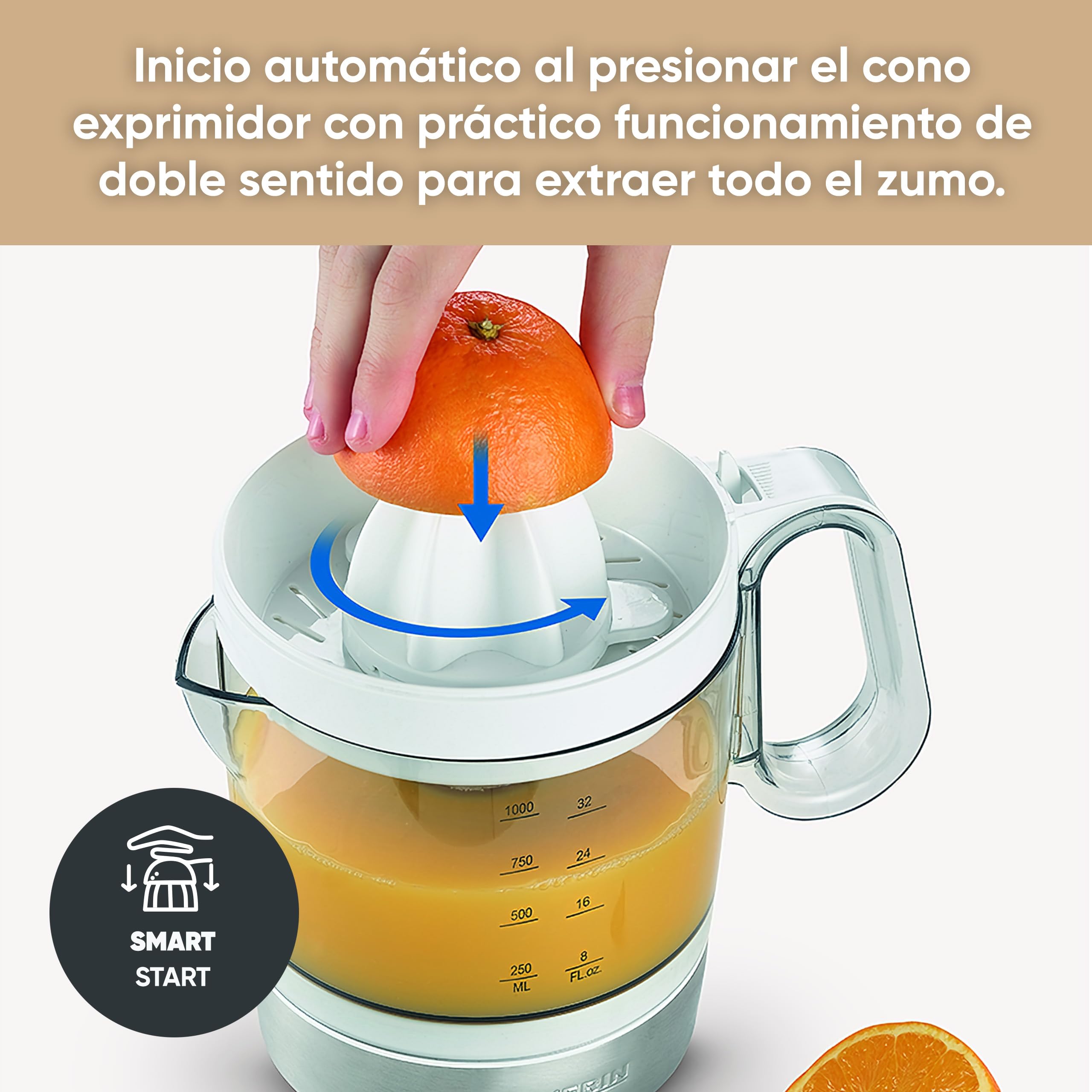 SEVERIN Exprimidor de naranjas eléctrico, exprimidor de frutas con 2 conos extraíbles y recipiente XXL de 1 L, zumo natural, 85 W, blanco, CP 3535