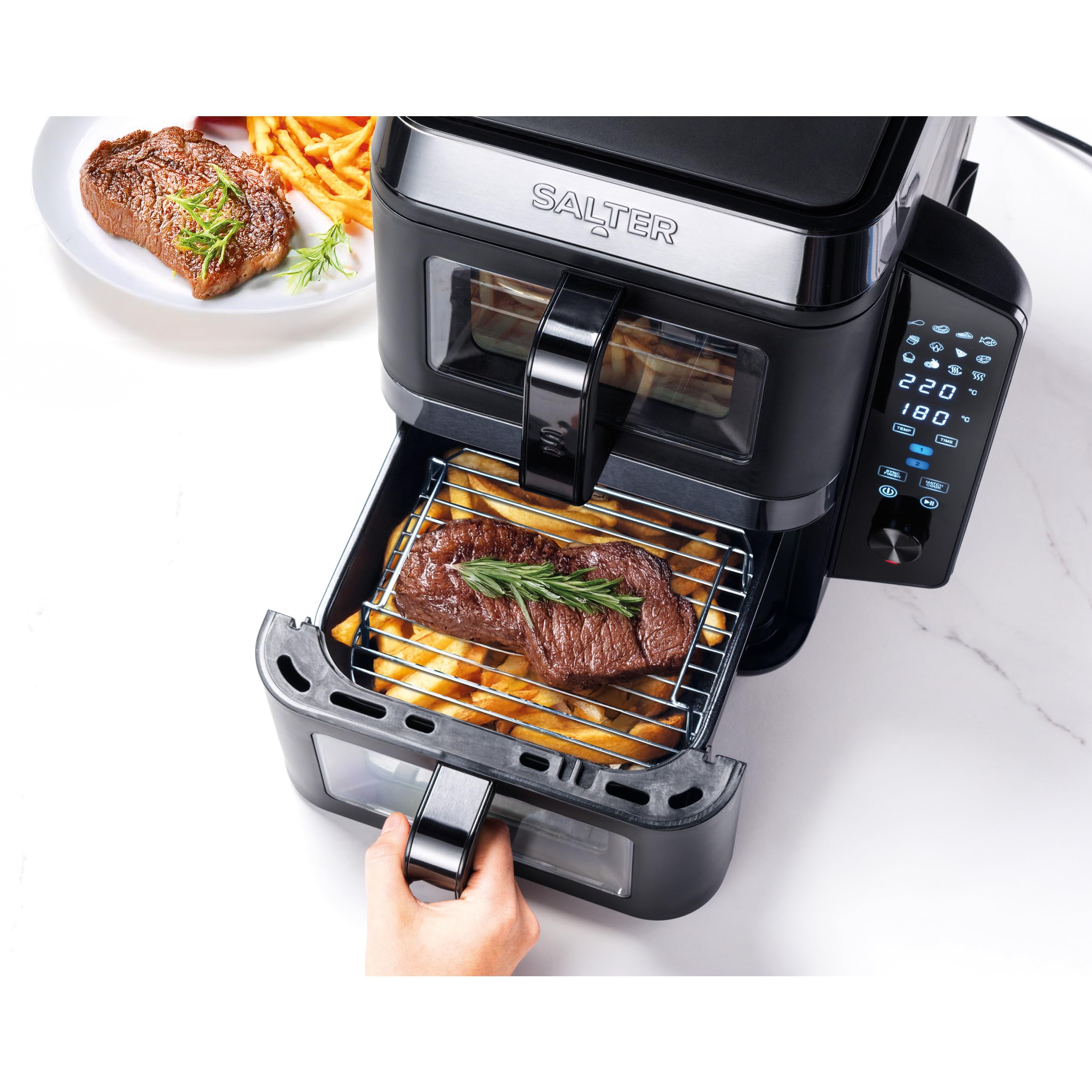 Salter Friggitrice ad aria verticale con doppio cassetto, cuoce su 4 livelli, capacità di 9L attraverso due cestelli da 4.5L, design salvaspazio, 12 funzioni di cottura con Sync & Match, senza PFAS