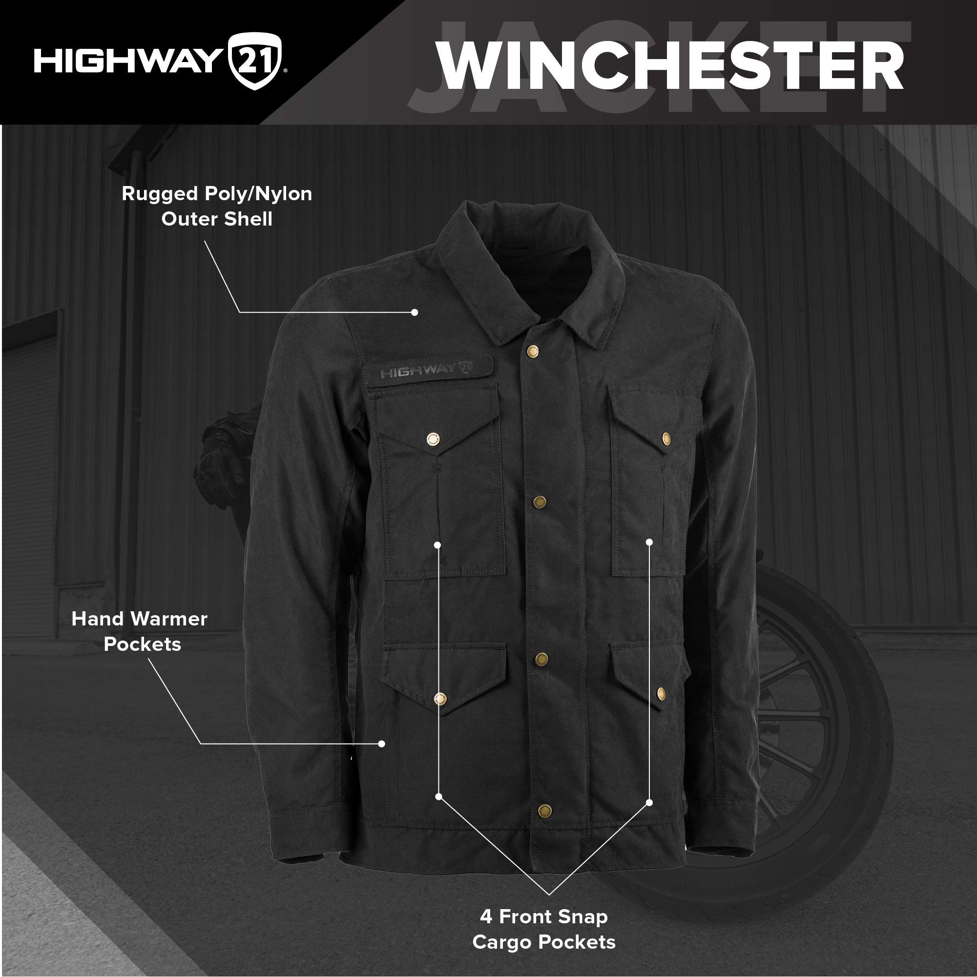 Highway 21 Winchester Jacket, Men’s Street Motorcycle Gear, Rugged Riding Apparel, Polyester-Nylon Outer Shell