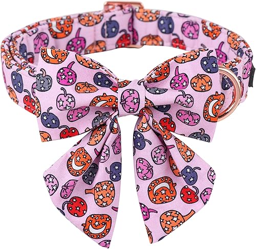 ARING PET Collar de perro de Halloween, lindo collar de calabaza rosa con corbatín marinero, collar de algodón con lámpara de calabaza de Halloween