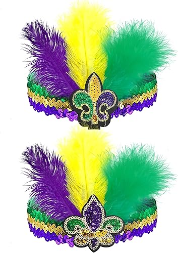 Wittocs Paquete de 2 diademas de plumas de Mardi Gras con lentejuelas de flor de lis, morado, amarillo, verde, diadema de cóctel, ajustable,