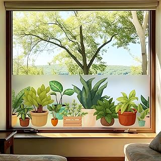 dktie Statisch haftende Fensterfolie, Mattiert Sichtschutzfolie mit Buntem Topfpflanzen-Muster, Anti-UV Blendfreier Sonnenschutz Folie, Fensteraufkleber für Wohnzimmer Küche Büro 44,5x200cm