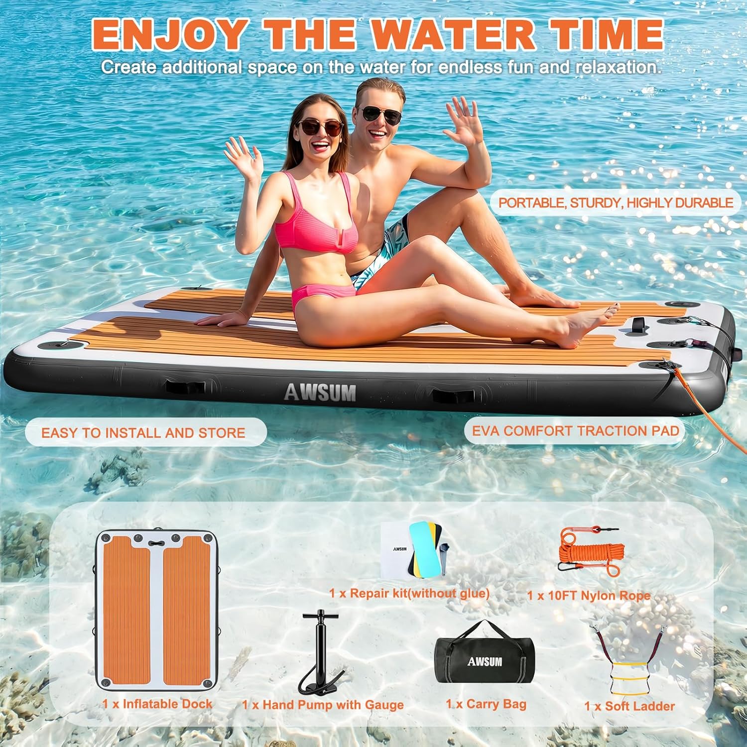 AWSUM Inflatable Floating Dock, 8ft-15ft Non-Slip EVA Surface Inflatable Swim Platform Dock for Lake, Inflatable Water Mat Floating Island Raft for Pool Beach Ocean