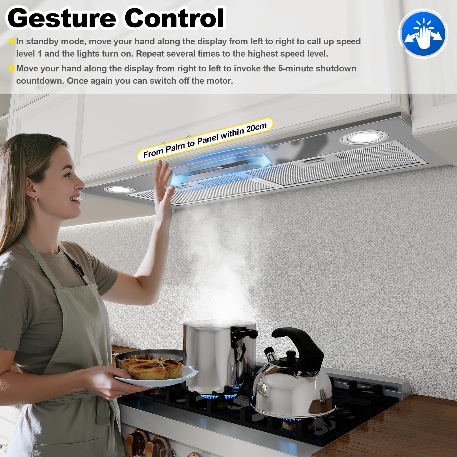 Hotte Aspirante 72cm Encastrable, 400m³/h, Hotte Cuisine, 3 Vitesses & Fonction Booster, Gestuelle, Tactile, Éclairage LED, Évacuation & Recyclage d'air avec filtre à charbon et conduit