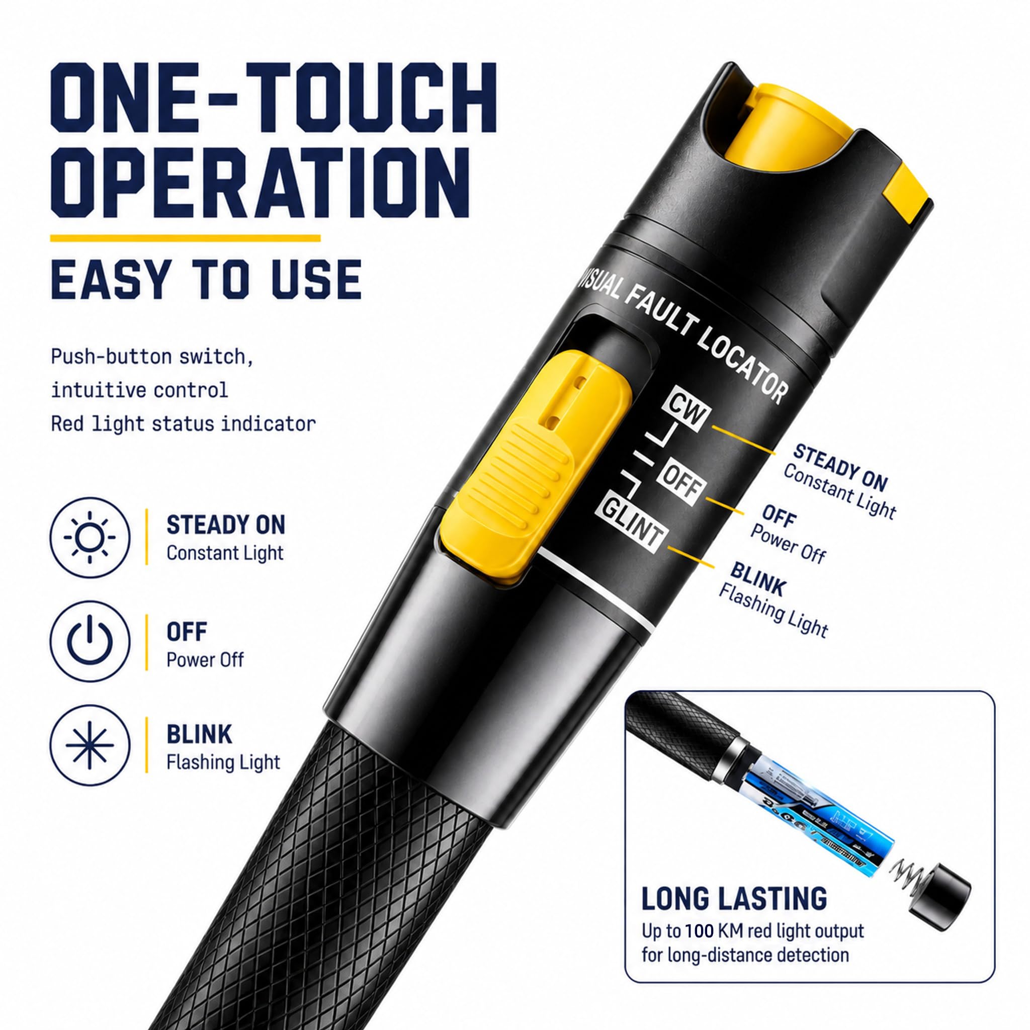 Localisateur visuel de défauts | testeur de câble à fibre optique 100mW | Avec 2 adaptateurs | compatible avec les connecteurs SC/FC/ST/LC | longueur d'onde 650 ± 10 nm