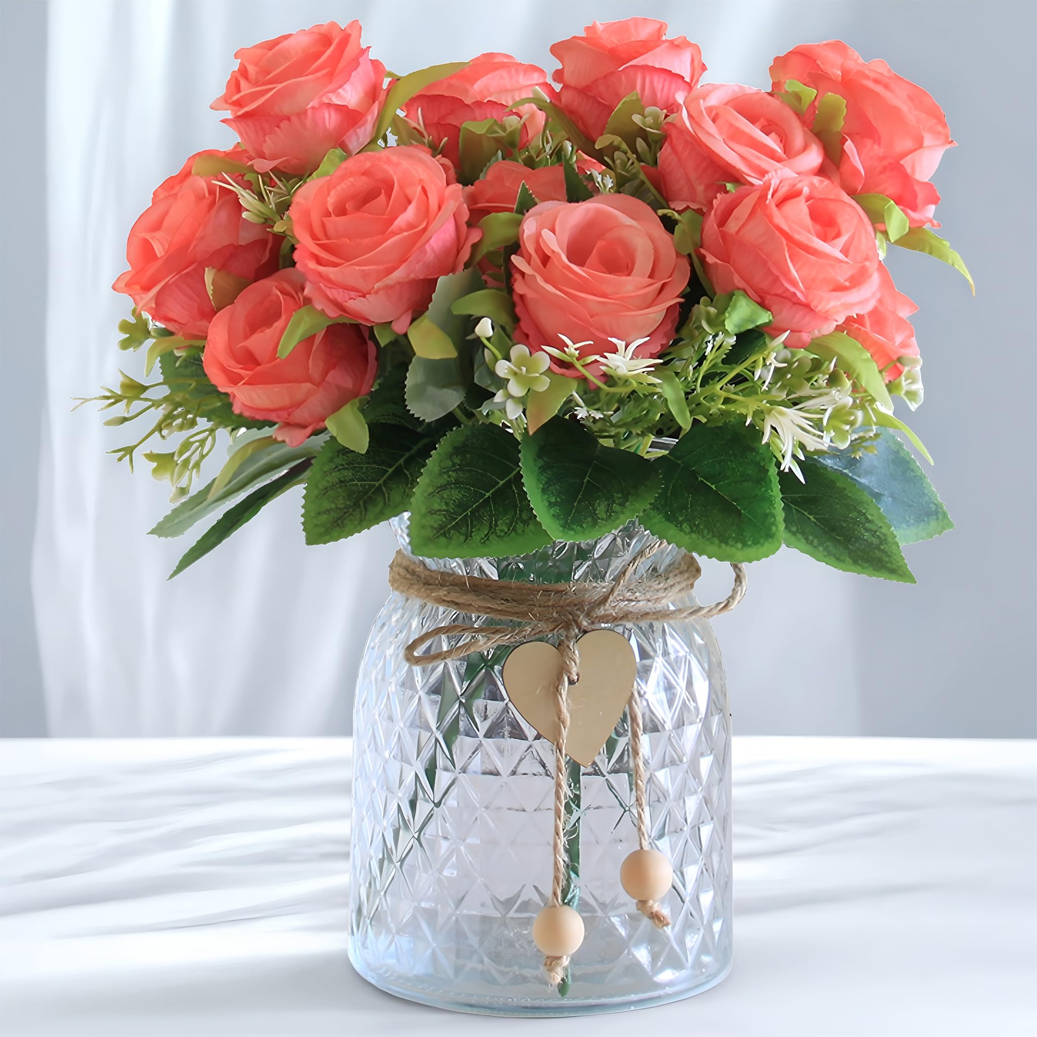 Leayiuvan Faux Flowers in Vase, 18 Pcs Pink Roses