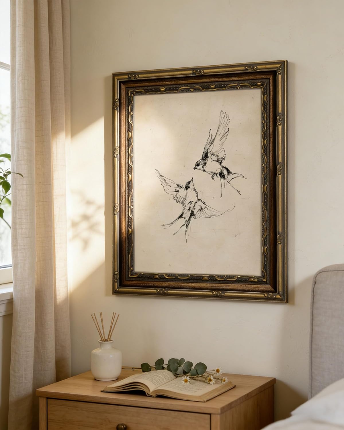 BSXQCHZD Minimalist Bird Wall Art,Hand-Drawn Swallow Sketches in Ornate Gold Frame,Classic Ink Drawing Decor for Modern or Traditional Interiors 24" L x 16" W