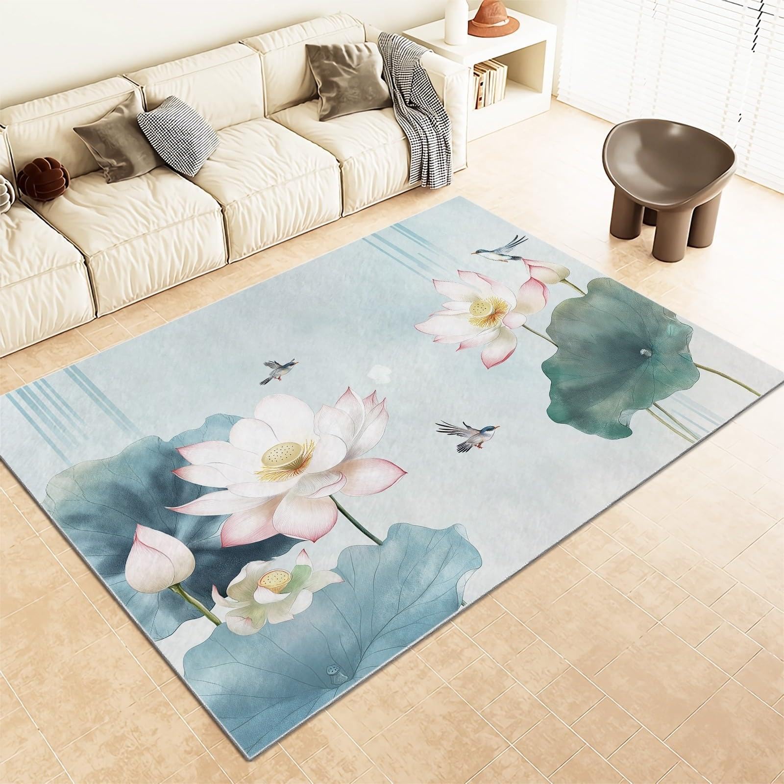 Grand tapis de salon lavable et antidérapant avec motif fleur de lotus