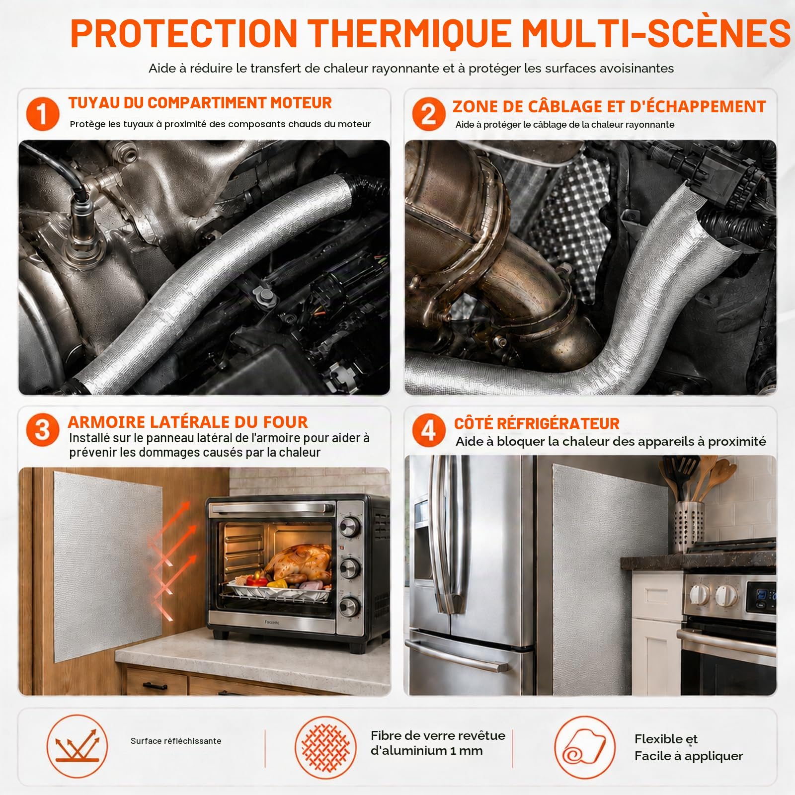 FLASLD Barrière thermique aluminisée avec envers adhésif, 60 x 100cm, capable de réduire jusqu'à 90 % de la chaleur radieuse