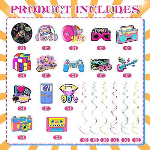 Miniatura 3 de 36 piezas de decoraciones de fiesta de los años 90 para fiestas de los años 90, remolinos colgantes para decoración de techo, retro, hip hop,