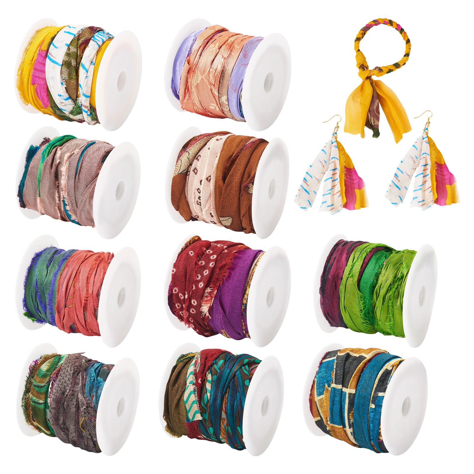 Spritewelry 1 Roll Sari Silk Ribbon Yarn Tie-Dye Random Color Nepal Pure Silk Ribbon Strips Vintage Fabrics Crafts for DIY Knitting Macrame Tassel Earring Jewelry Making