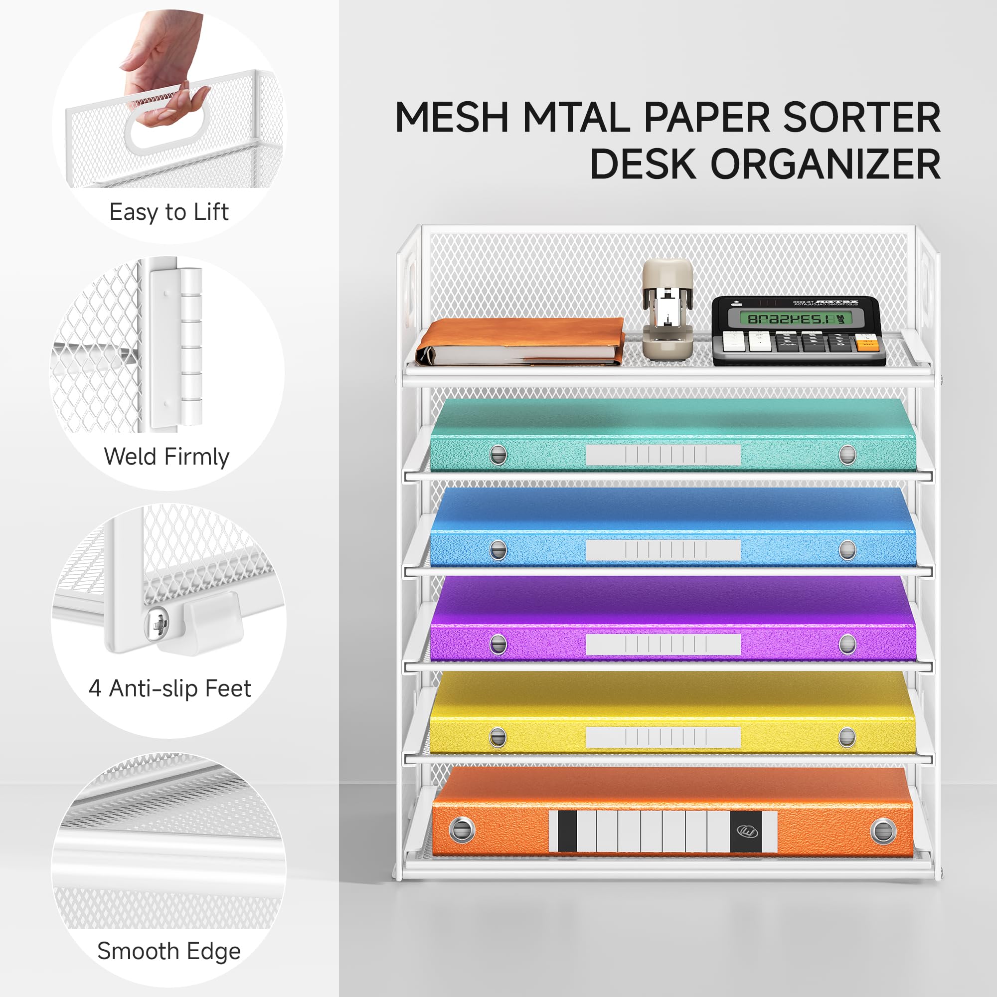 VITVITI Organizador de Escritorio con Archivador, Bandeja de Papel de 6 Niveles con Asa, Malla de RellenoOrganizador para Material de Oficina en Casa, Accesorios de Oficina Ordenados - Blanc